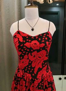 Red &amp; Black Floral Print Corset waist Dress