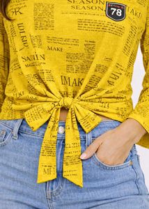 Newspaper Print Tie-Front Bell Sleeve Top (yellow)