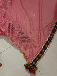 Pink Dupatta with Colorful Tassels