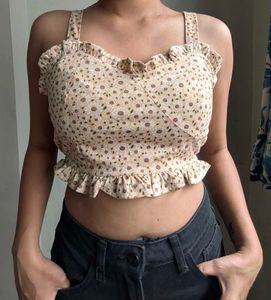 Sunflower Print Smocked Ruffle Hem Crop Top 🌼