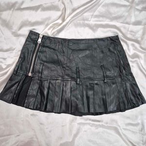 Black Pleated Faux Leather Mini Skort