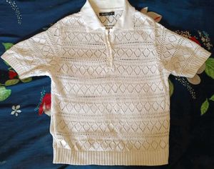 White Crochet Knit Polo Top