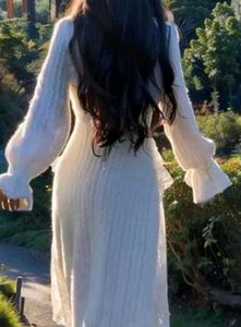 korean fur White Lace Detail Long Dress