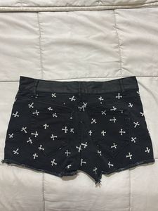 Black Cross Print Denim Shorts