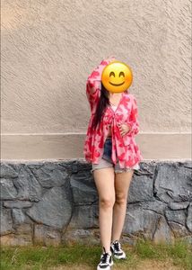 Pink Butterfly Print Tie-Front Top