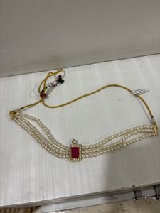 Elegant Pearl Choker with Red Stone