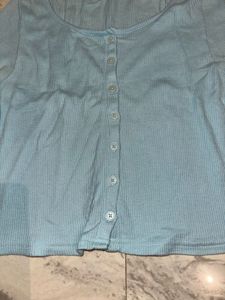 Light Blue Ribbed Button-Up Top