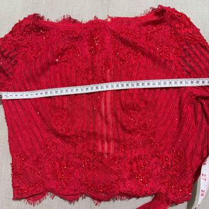 Red Lace Trim Long Sleeve Crop Top