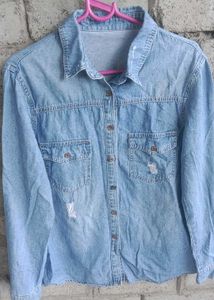Distressed Light Wash Denim Shirt