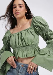 Chic Olive Green Puff Sleeve Crop Top