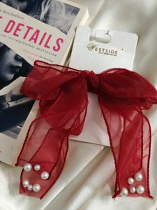 Red Organza Pearl Hair Bow