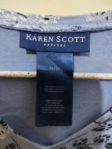 Karen Scott Blue Top With Black White Floral Print
