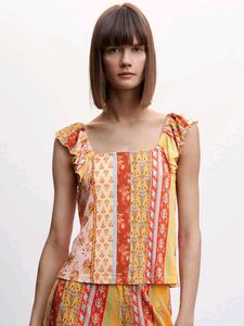 Boho Print Ruffle Sleeve Square Neck Top