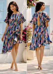 Boho Abstract Print Ruffle Dress