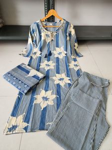 Blue Floral Striped Kurta Set
