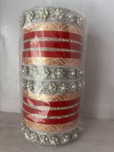 Red &amp; Silver chuda Bangles Set