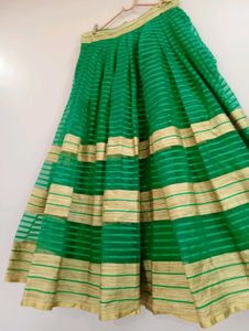 Vibrant Green Ethnic Skirt with Gold Stripes