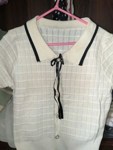 Cream Collared Knit Top with Ribbon Detail