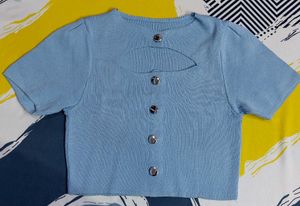Blue Cutout Button-Up Crop Top