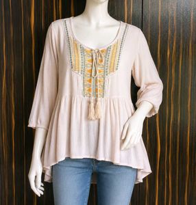 Boho Embroidered Tassel Tunic Top