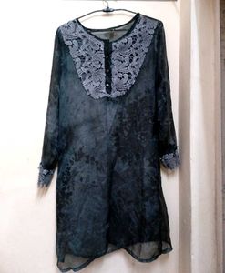 Black Grey Lace Neck Kurta