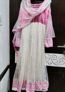White & Pink Embroidered Kurta Set