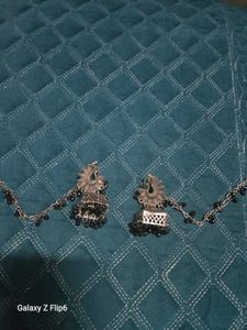 Oxidized Jhumka Earrings with Chain