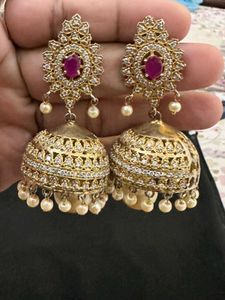 Exquisite Jhumka Earrings with Ruby and Pearls