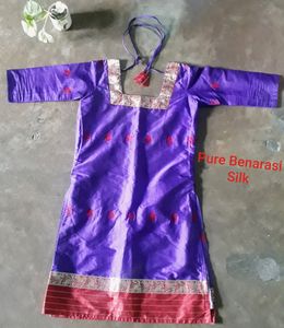 Combo Purple Pure Benarasi Silk Kurta / Churider/ Kurti/ Suit With Pant/ Churi Pant. Three Quarter Hand Sleves.Knee Length Kurta.
