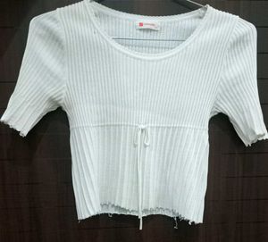White Ribbed Cinched Waist Top
