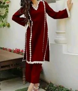 Maroon Kurta Set with White Lace