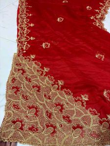 cut work  Red Embroidered Saree