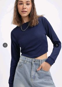 Navy Blue Long Sleeve Cropped Top
