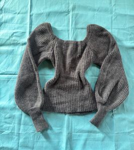 Gray Ribbed Square Neck Sweater
