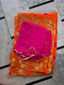 Vibrant Orange Saree with Gold &amp; Pink Accents