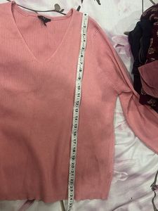 Pink Ribbed V-Neck Sweater