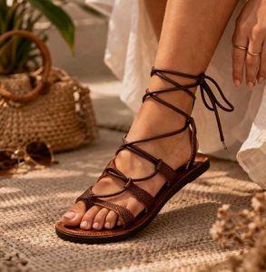 Leather Lace-Up Brown Gladiator Sandals