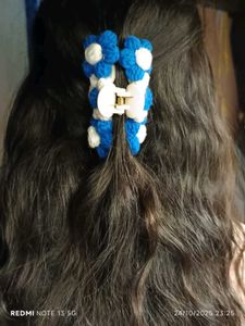 Blue & White Crochet Flower Claw Clip