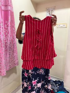 Red Striped Sleeveless Kurta Top