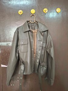 Stylish Faux Leather Belted Jacket