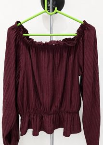 Maroon Off-Shoulder Long Sleeve Top