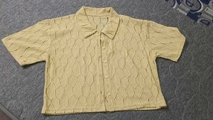 Textured Short Sleeve Button-Up Top