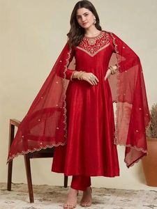 Red Embroidered Anarkali Kurta Set