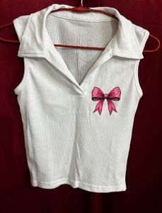Cute White Ribbed Collared Tank Top