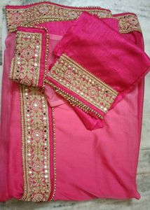 Elegant Pink Saree with Mirror Work Border