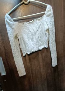 White Smocked Lace Crop Top