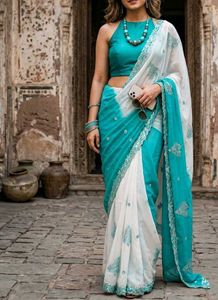 Elegant Teal & White Saree with Blouse