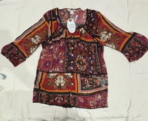 Boho Patchwork Print Sheer Tunic Top