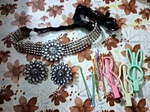 Oxidize Choker necklace set with hair pins