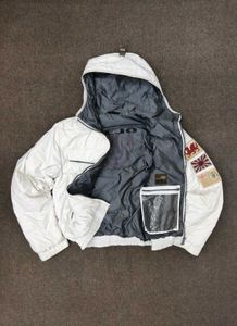 Stylish White Puffer Jacket with Patches